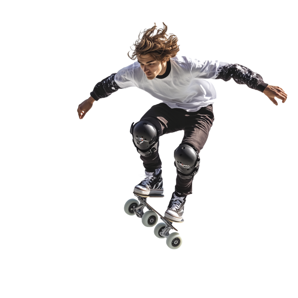Young professional roller skater performing tricks against a transparent background png