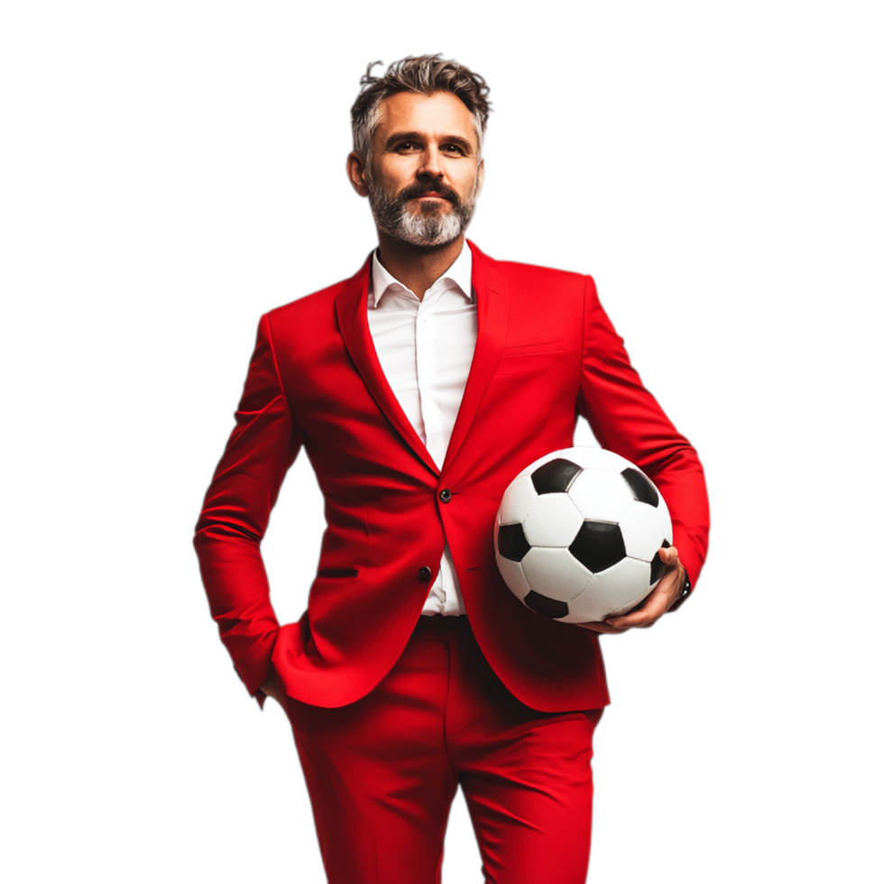 PNG Confident Man in Red Suit Holding Soccer Ball Against Transparent Background for Sports Advertising, Team Branding, or Athletic Campaigns