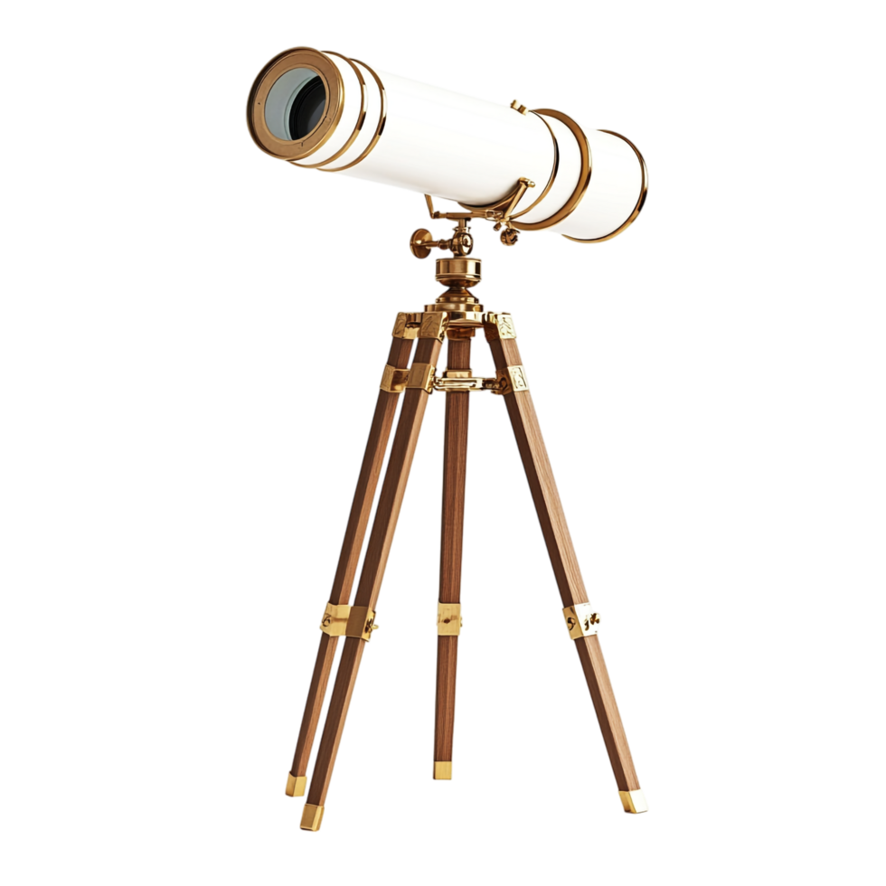 PNG Antique Brass and White Refracting Telescope on Wooden Stand Against Transparent Background for Scientific Designs, Historical Themes, or Decorative Illustrations
