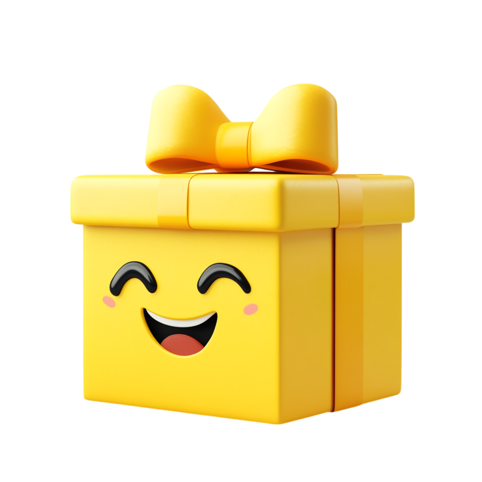 PNG Adorable Yellow Gift Box with Bow and Happy Face Emoji Illustration Against Transparent Background for Festive Designs, Celebration Themes, or Gift Concepts