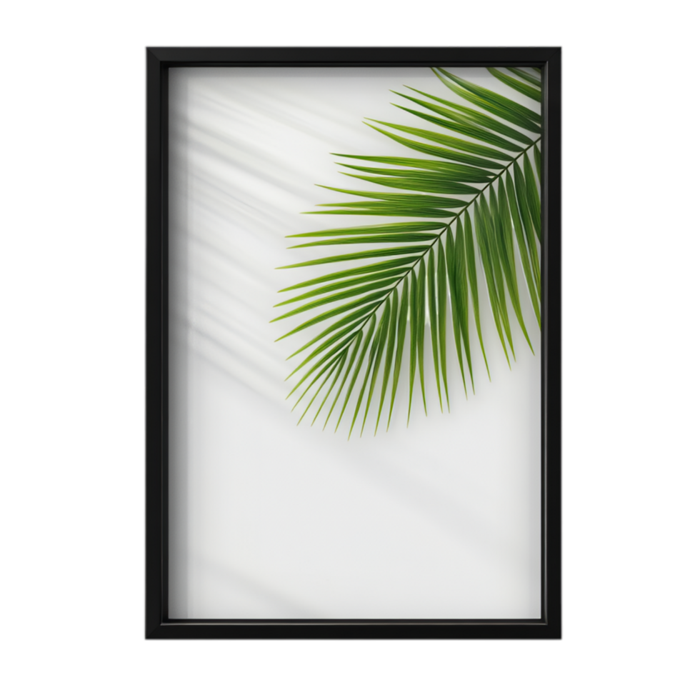 PNG Elegant Black Frame Mockup with Palm Leaf Shadow Against Transparent Background for Minimalistic Branding, Art Display, or Creative Projects