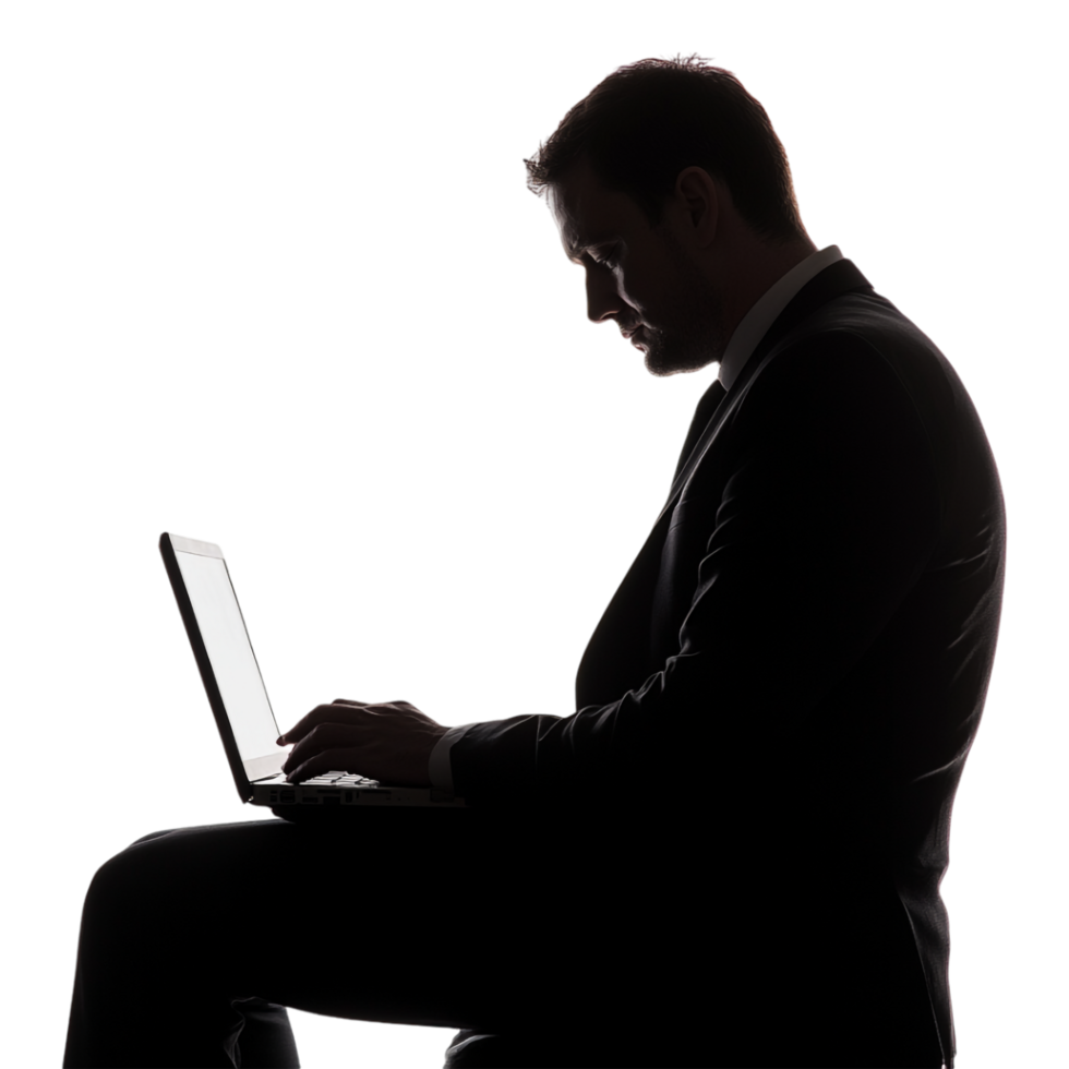 Silhouette of a Man in a Suit Using a Laptop, Shadow Isolated Against a Transparent Background png