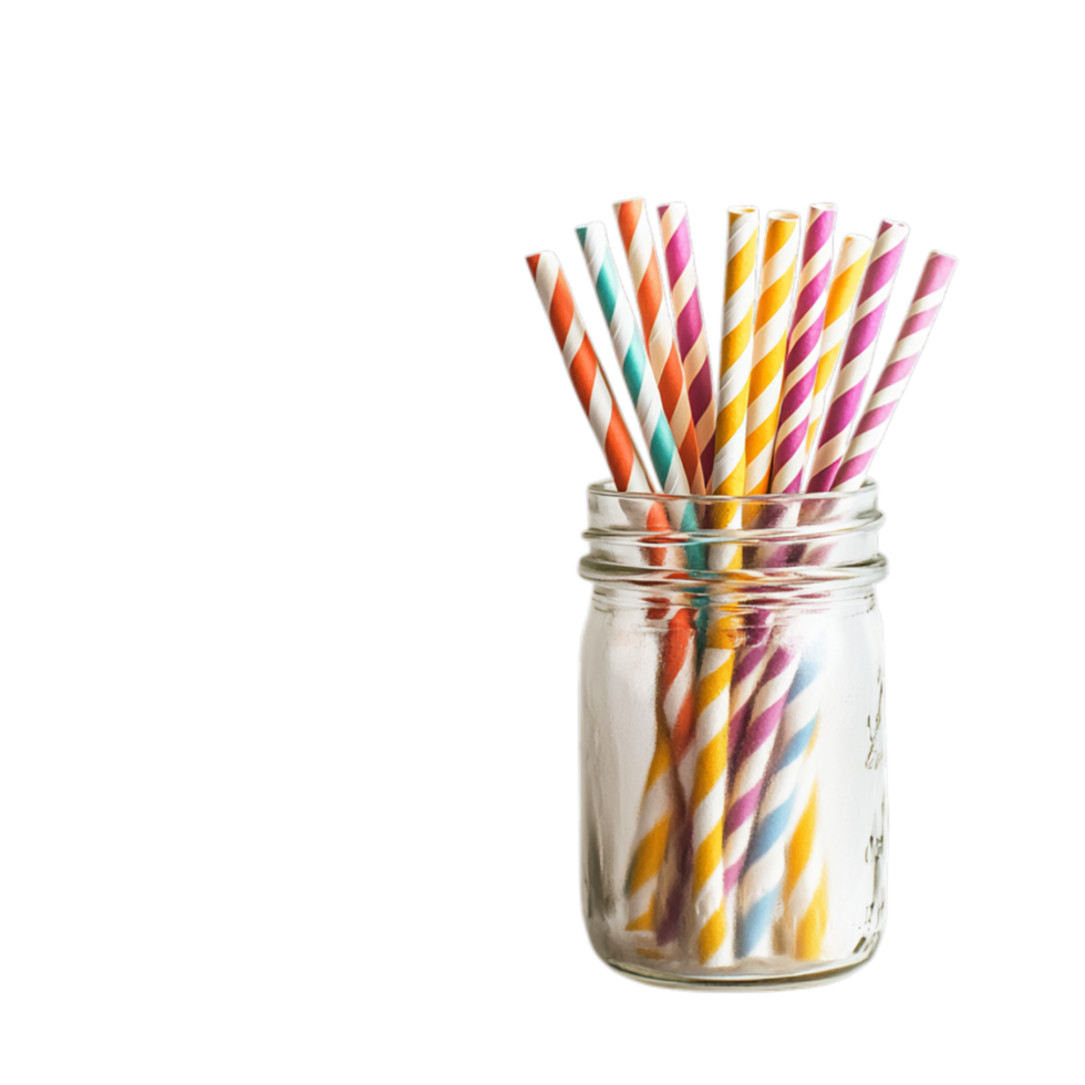 PNG Colorful Striped Paper Straws in a Glass Jar Against Transparent Background for Eco-Friendly Promotions, Beverage Advertising, or Party Decor