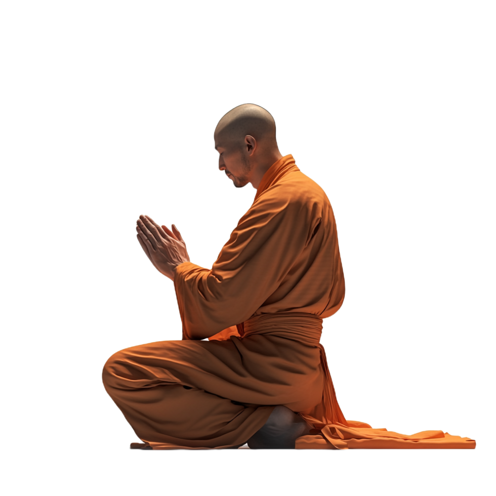 Shaolin monk praying in traditional attire on a transparent background png