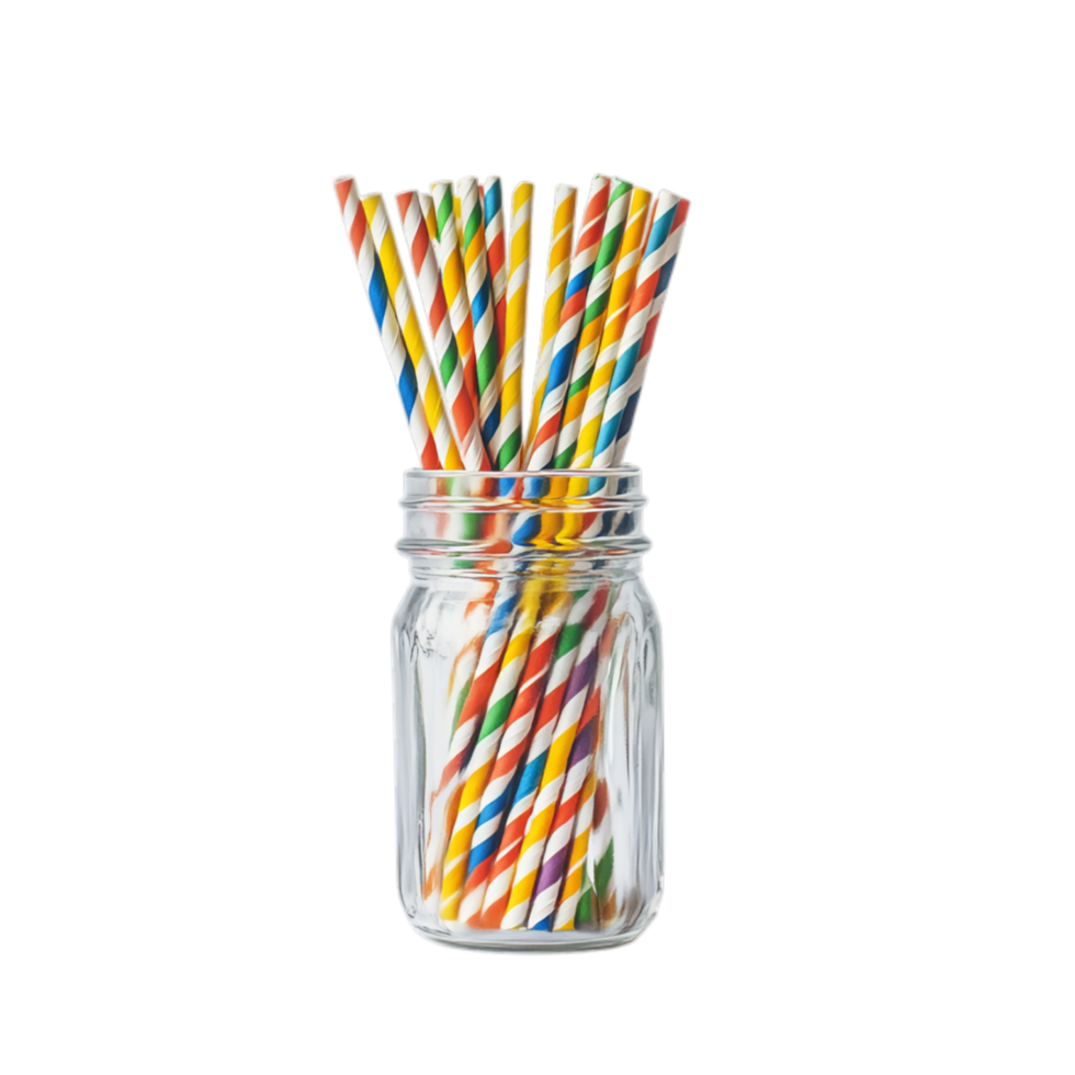 PNG Colorful Striped Paper Straws in a Glass Jar Against Transparent Background for Eco-Friendly Promotions, Beverage Advertising, or Party Decor