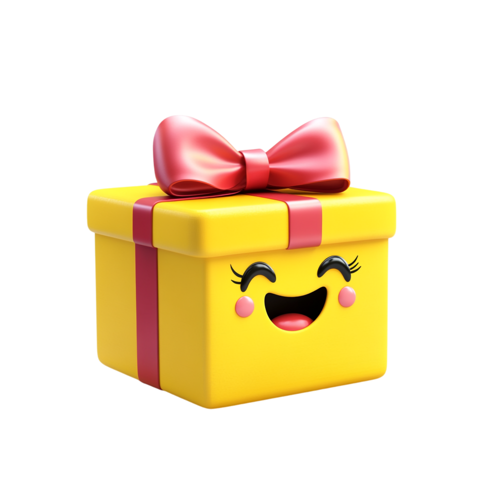 PNG Adorable Yellow Gift Box with Bow and Happy Face Emoji Illustration Against Transparent Background for Festive Designs, Celebration Themes, or Gift Concepts