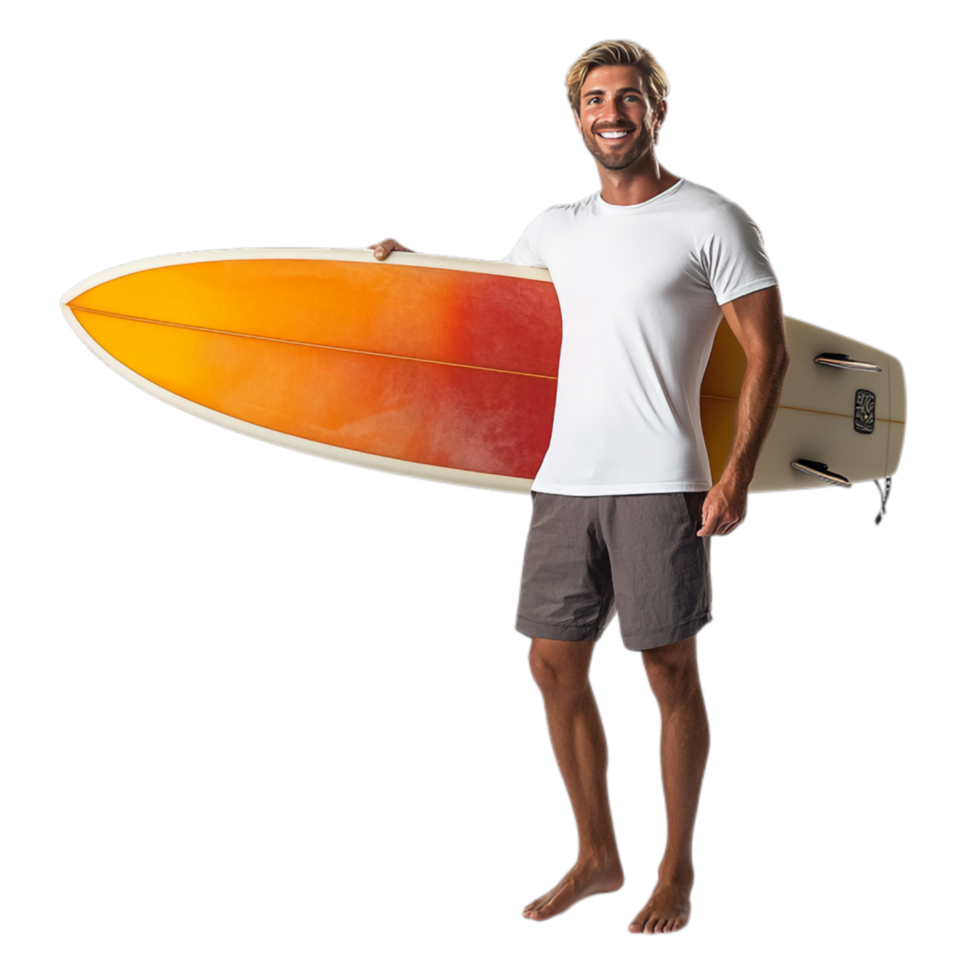 PNG Confident Man Holding Surfboard Against Transparent Background for Surfing Promotions, Adventure Branding, or Beach-Themed Campaigns