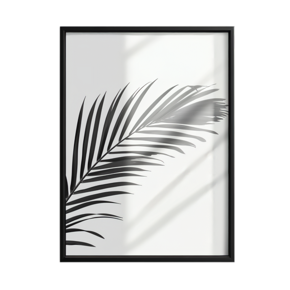 PNG Elegant Black Frame Mockup with Palm Leaf Shadow Against Transparent Background for Minimalistic Branding, Art Display, or Creative Projects