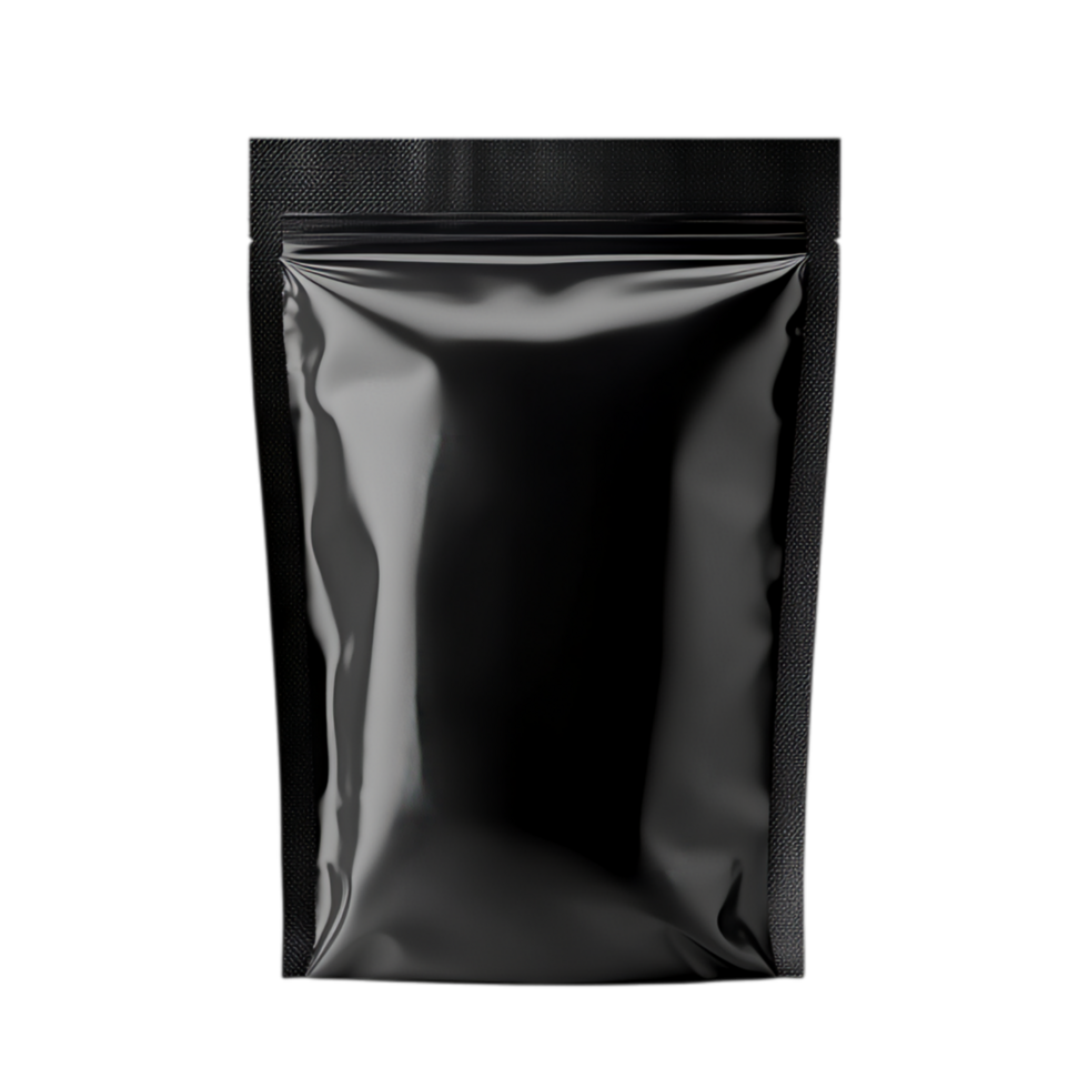 PNG Black Stand-Up Pouch Packaging Mockup Against Transparent Background for Product Branding, Food Packaging, or Label Design