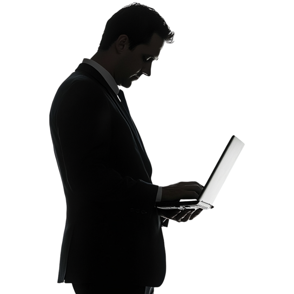 Silhouette of a Man in a Suit Using a Laptop, Shadow Isolated Against a Transparent Background png