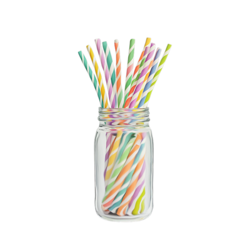 PNG Colorful Striped Paper Straws in a Glass Jar Against Transparent Background for Eco-Friendly Promotions, Beverage Advertising, or Party Decor