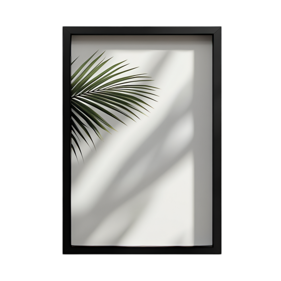PNG Elegant Black Frame Mockup with Palm Leaf Shadow Against Transparent Background for Minimalistic Branding, Art Display, or Creative Projects