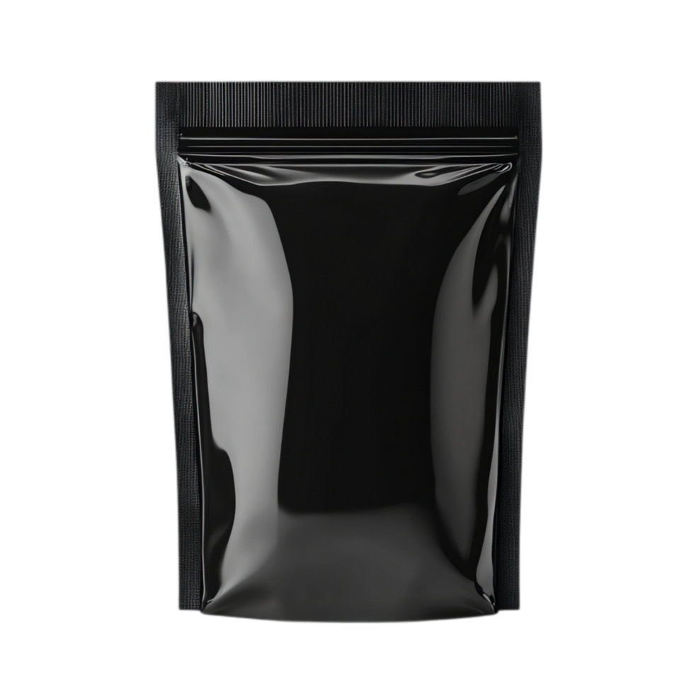 PNG Black Stand-Up Pouch Packaging Mockup Against Transparent Background for Product Branding, Food Packaging, or Label Design