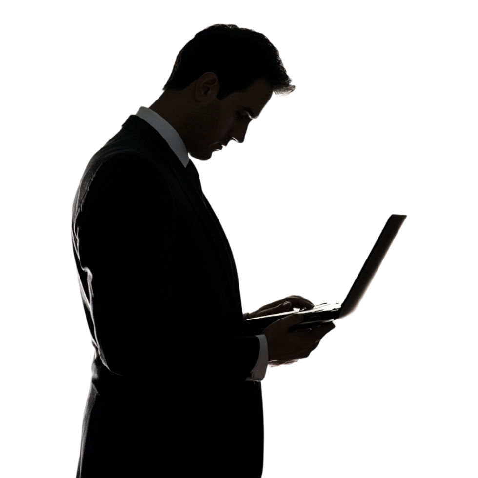 Silhouette of a Man in a Suit Using a Laptop, Shadow Isolated Against a Transparent Background png