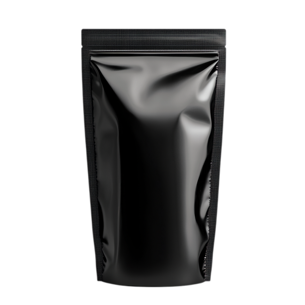 PNG Black Stand-Up Pouch Packaging Mockup Against Transparent Background for Product Branding, Food Packaging, or Label Design