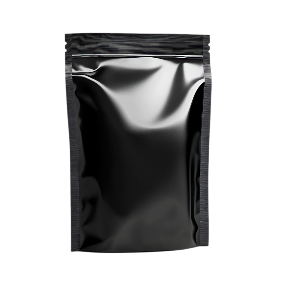 PNG Black Stand-Up Pouch Packaging Mockup Against Transparent Background for Product Branding, Food Packaging, or Label Design