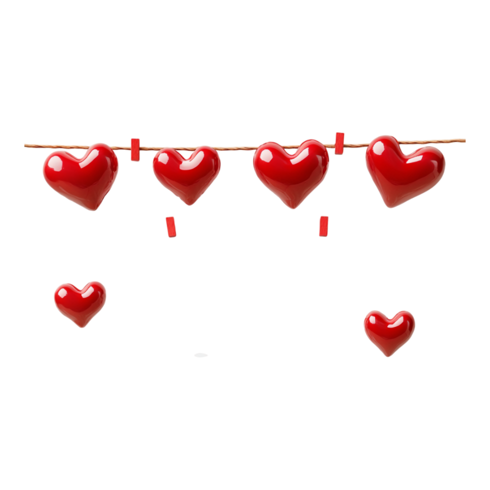 PNG Clothesline with Red Hearts and Blank Paper Against transparent Background for Valentine's Day Decorations, Romantic Notes, or Love-Themed Designs