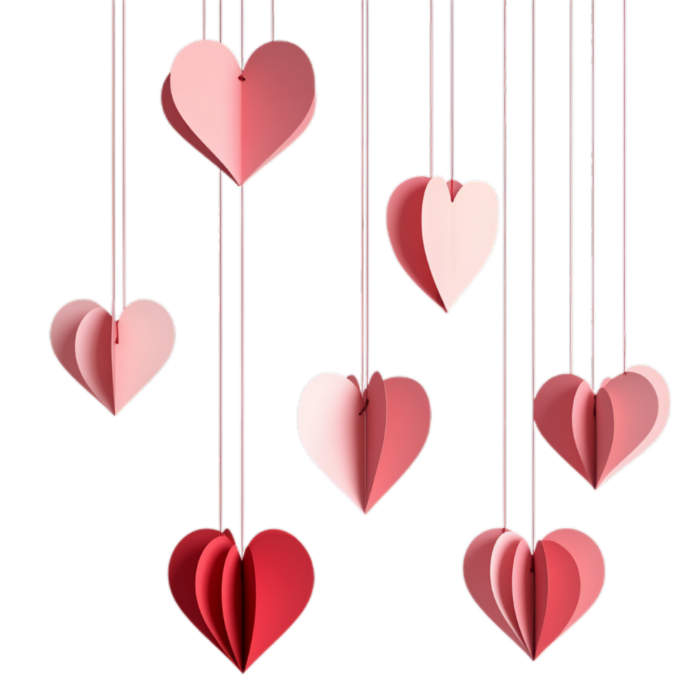 PNG Valentine's Day Background with Paper Hearts Hanging on Strings Against Transparent Background for Romantic Decor