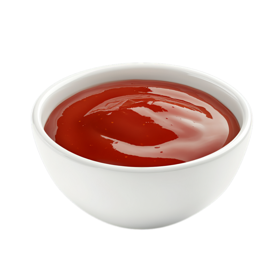PNG Delicious Ketchup in a White Bowl, Appetizing Red Sauce Against Transparent Background for Condiment Advertising, Food Branding, or Culinary Projects