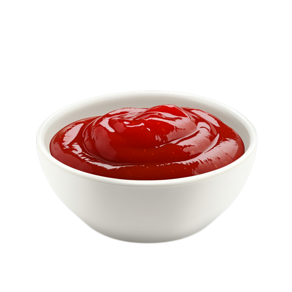 PNG Delicious Ketchup in a White Bowl, Appetizing Red Sauce Against Transparent Background for Condiment Advertising, Food Branding, or Culinary Projects