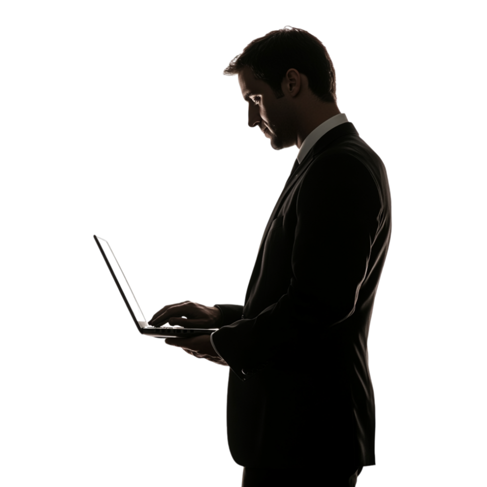 Silhouette of a Man in a Suit Using a Laptop, Shadow Isolated Against a Transparent Background png