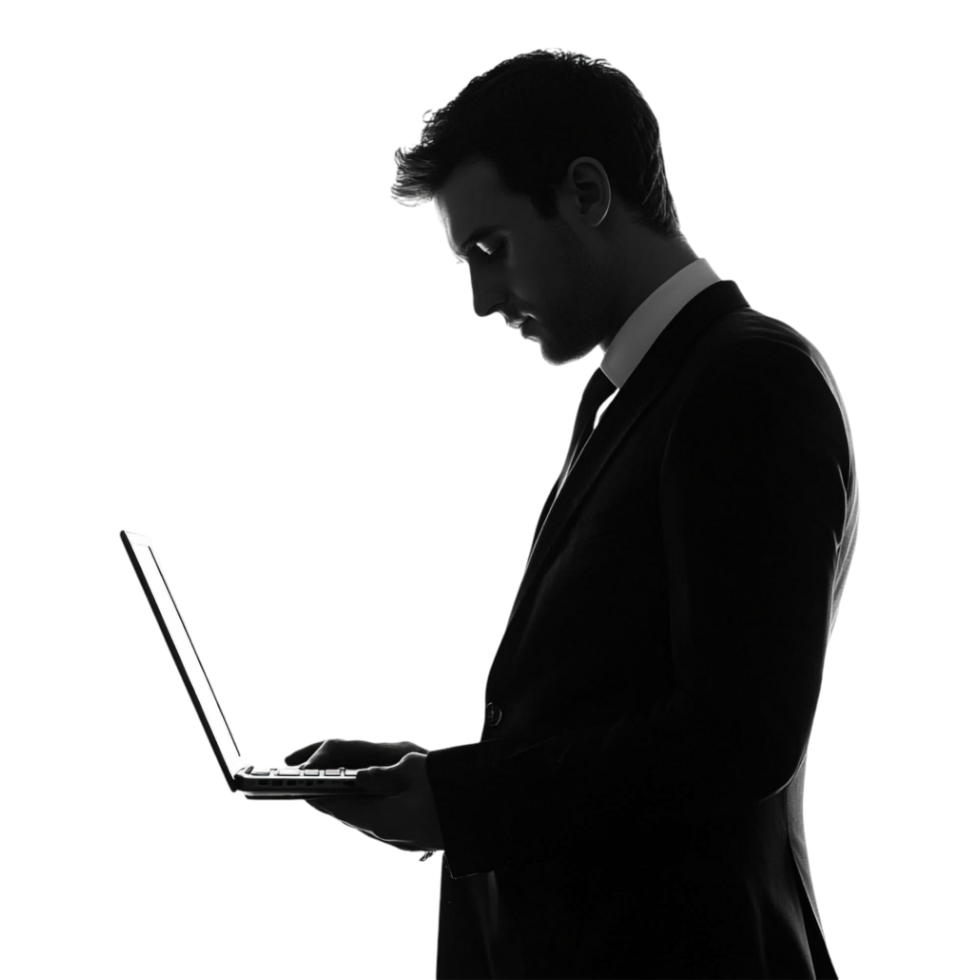 Silhouette of a Man in a Suit Using a Laptop, Shadow Isolated Against a Transparent Background png