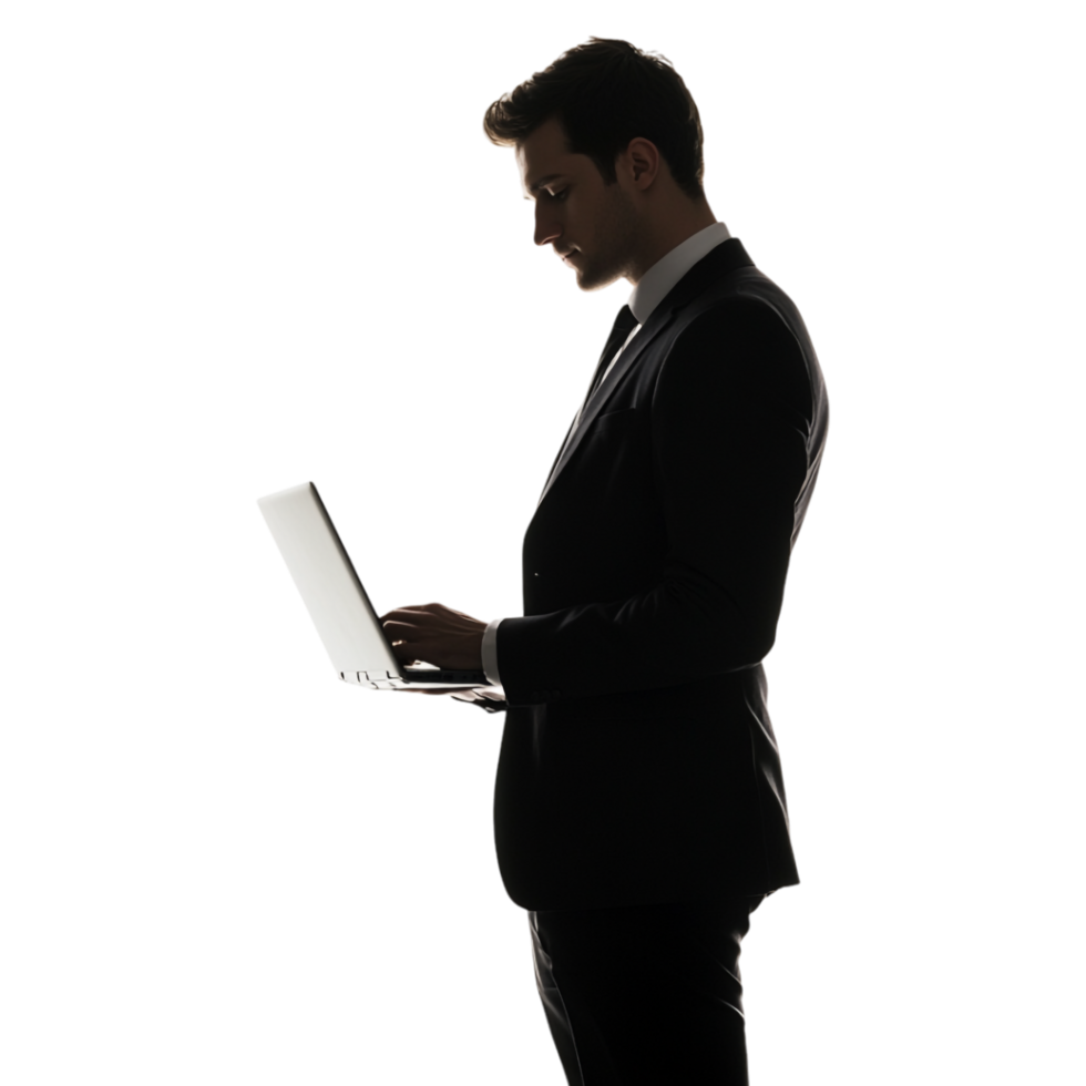 Silhouette of a Man in a Suit Using a Laptop, Shadow Isolated Against a Transparent Background png