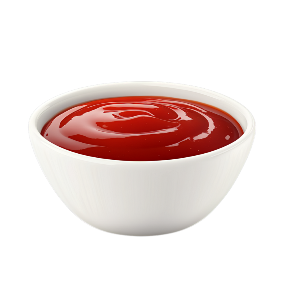 PNG Delicious Ketchup in a White Bowl, Appetizing Red Sauce Against Transparent Background for Condiment Advertising, Food Branding, or Culinary Projects