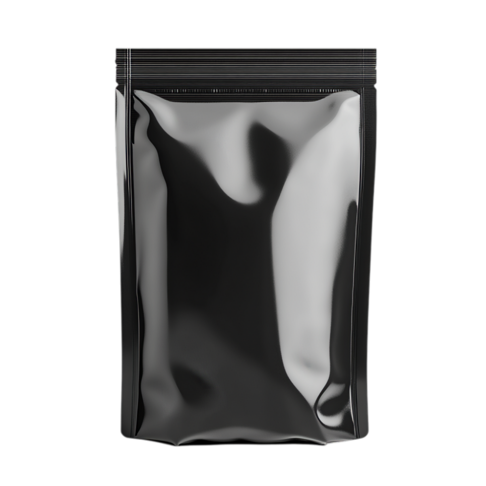 PNG Black Stand-Up Pouch Packaging Mockup Against Transparent Background for Product Branding, Food Packaging, or Label Design