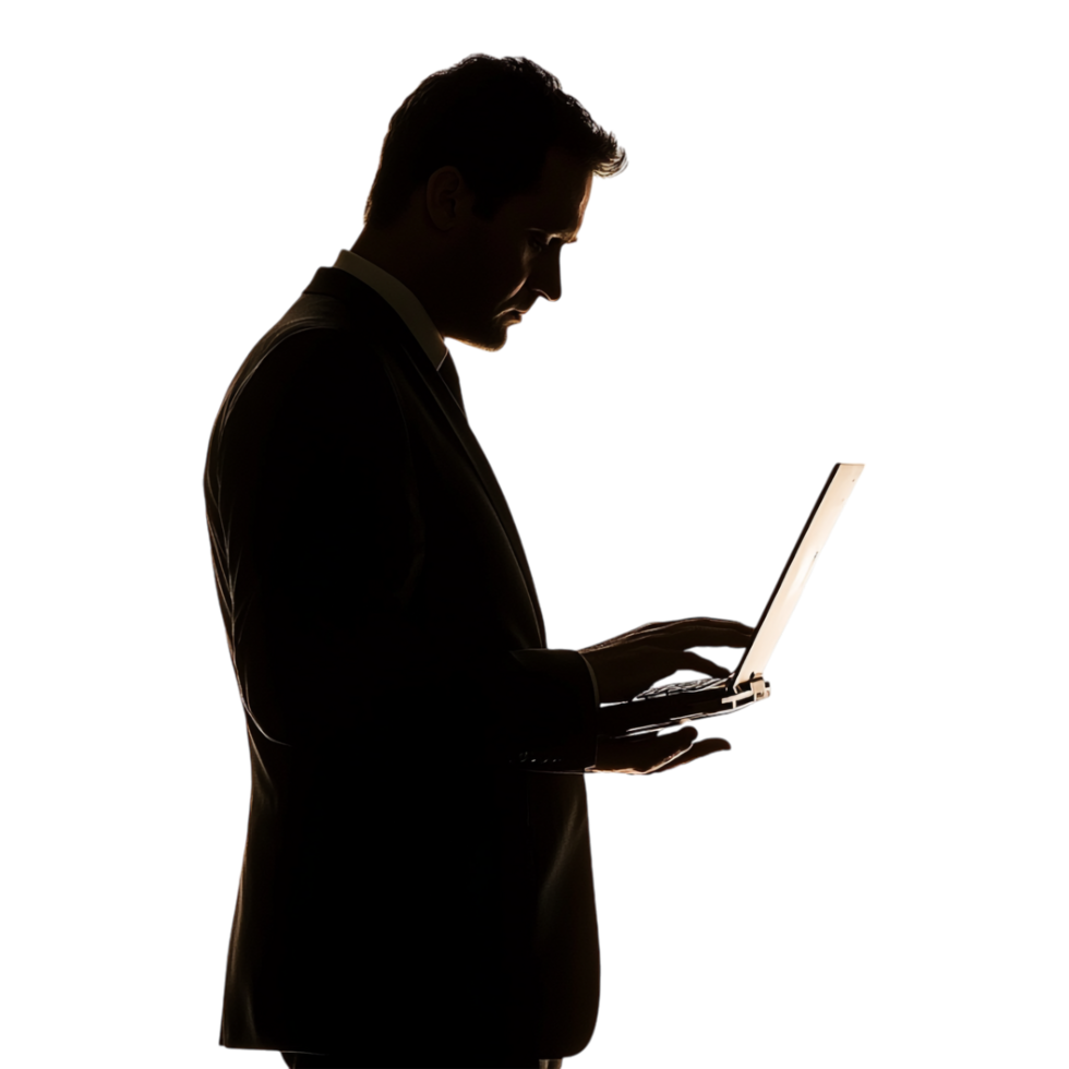 Silhouette of a Man in a Suit Using a Laptop, Shadow Isolated Against a Transparent Background png