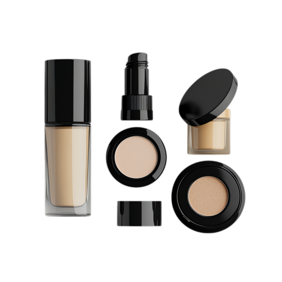PNG Elegant Beige and Black Cosmetic Products Mockup Against Transparent Background for Luxury Branding, Product Advertising, or Beauty Campaigns