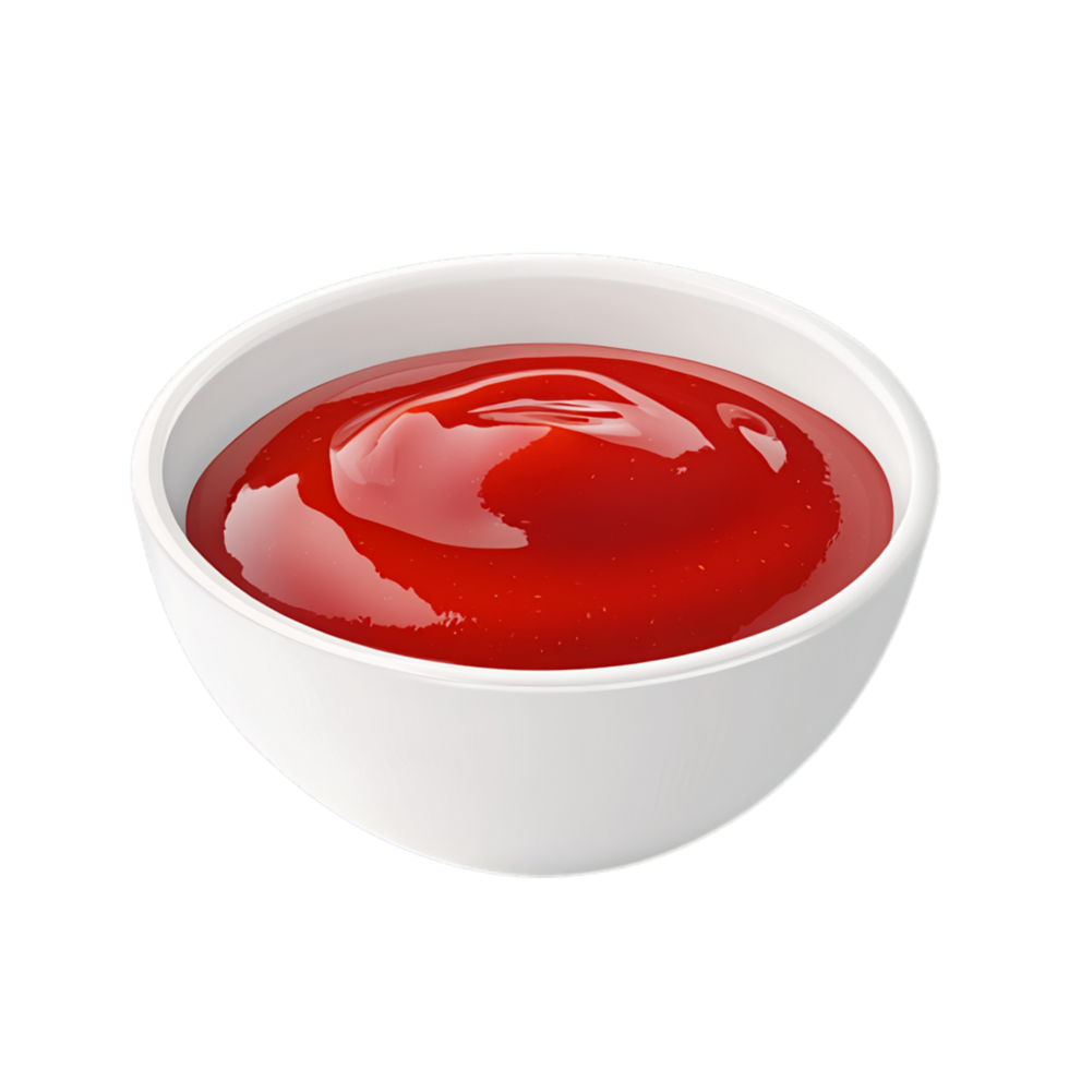 PNG Delicious Ketchup in a White Bowl, Appetizing Red Sauce Against Transparent Background for Condiment Advertising, Food Branding, or Culinary Projects