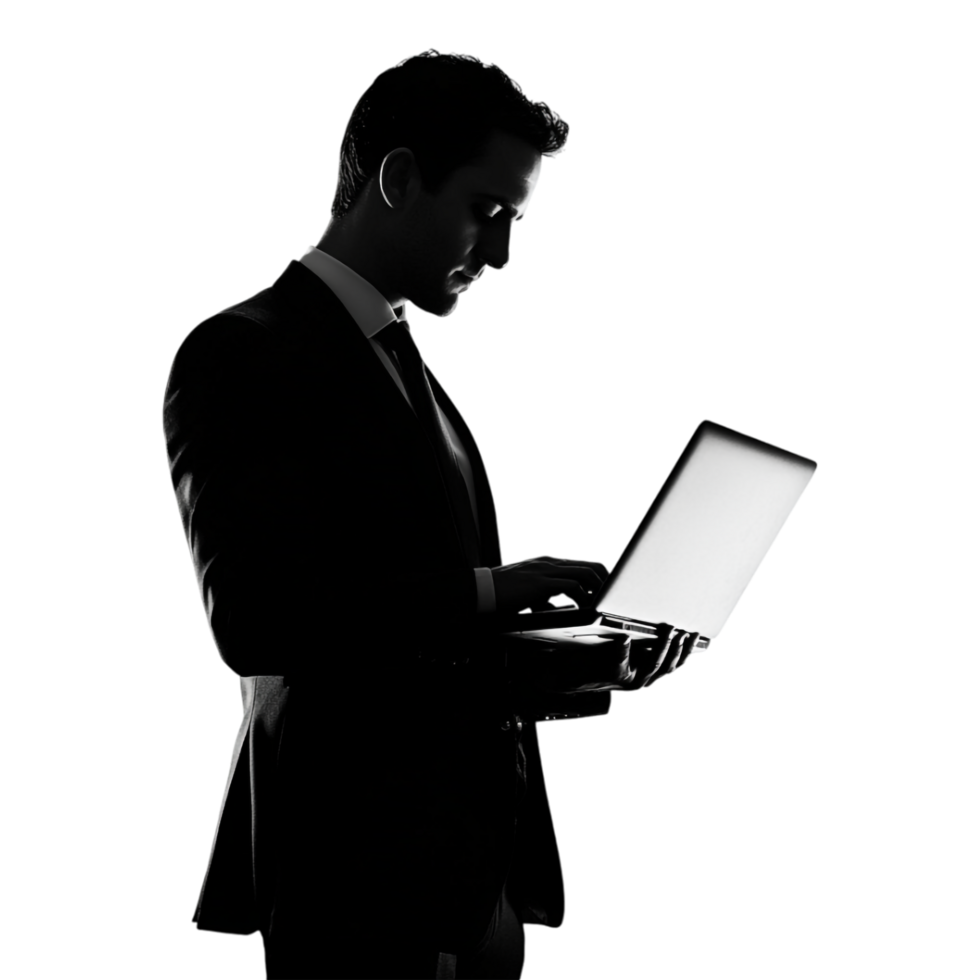 Silhouette of a Man in a Suit Using a Laptop, Shadow Isolated Against a Transparent Background png