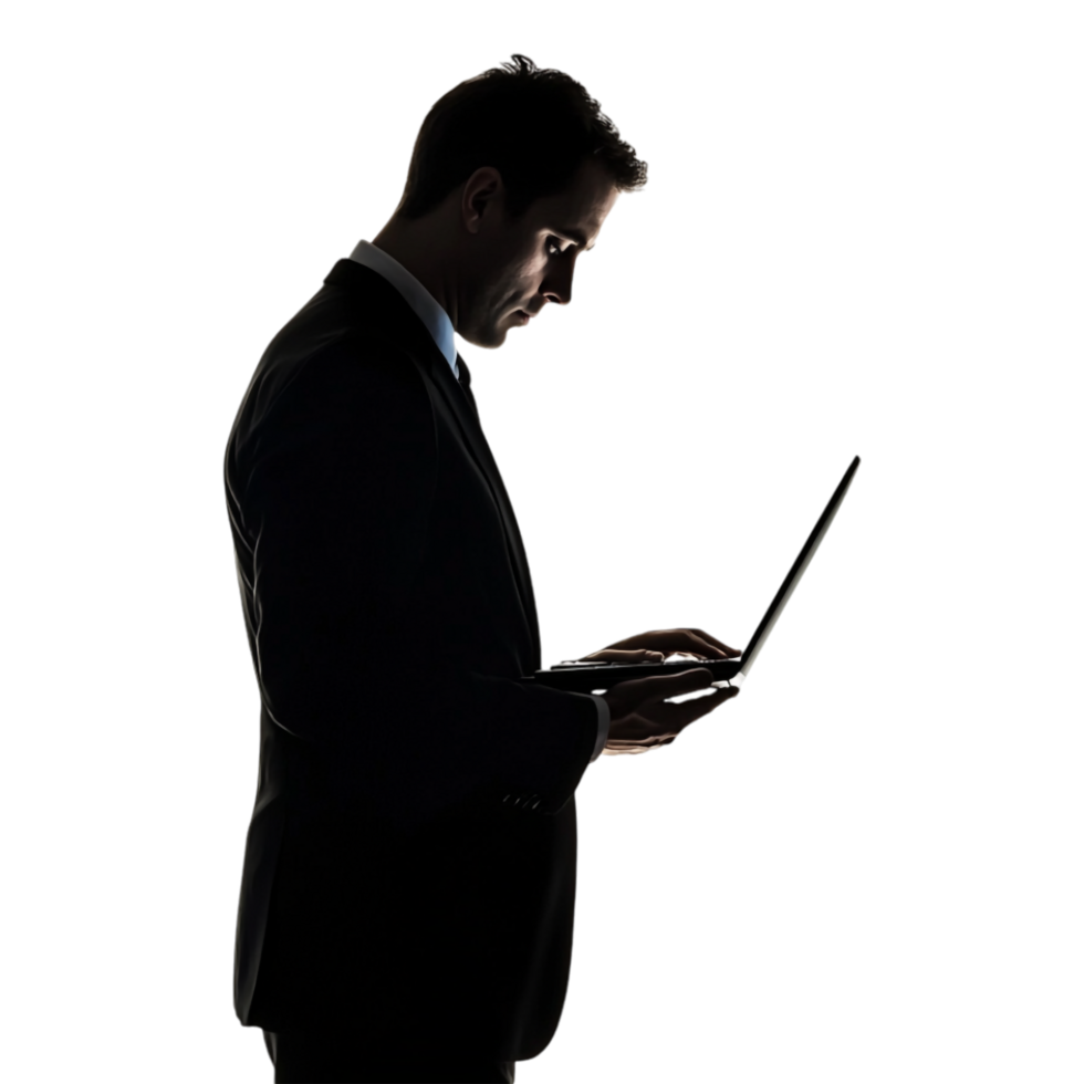 Silhouette of a Man in a Suit Using a Laptop, Shadow Isolated Against a Transparent Background png