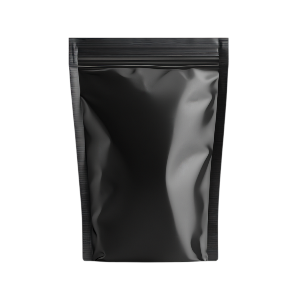 PNG Black Stand-Up Pouch Packaging Mockup Against Transparent Background for Product Branding, Food Packaging, or Label Design