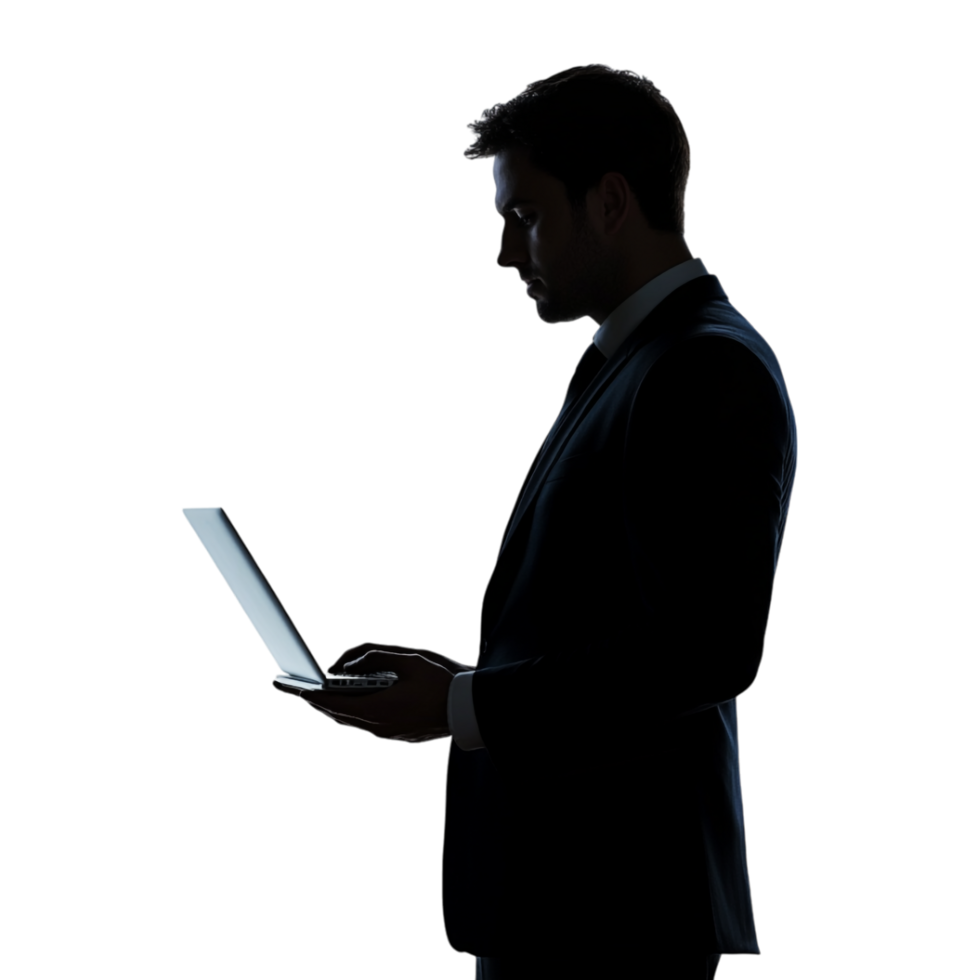 Silhouette of a Man in a Suit Using a Laptop, Shadow Isolated Against a Transparent Background png