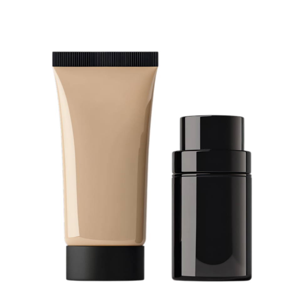 PNG Elegant Beige and Black Cosmetic Products Mockup Against Transparent Background for Luxury Branding, Product Advertising, or Beauty Campaigns