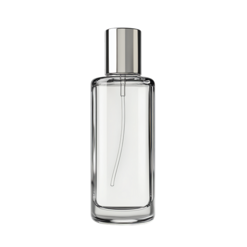 PNG Elegant Glass Bottle with Silver Cap, Premium Cosmetic Product Mockup Against Transparent Background for Skincare Advertising, Beauty Branding, or Luxury Campaigns