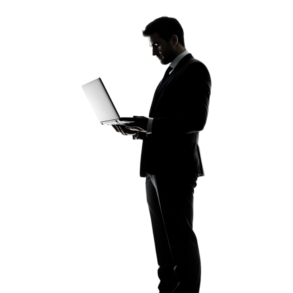Silhouette of a Man in a Suit Using a Laptop, Shadow Isolated Against a Transparent Background png