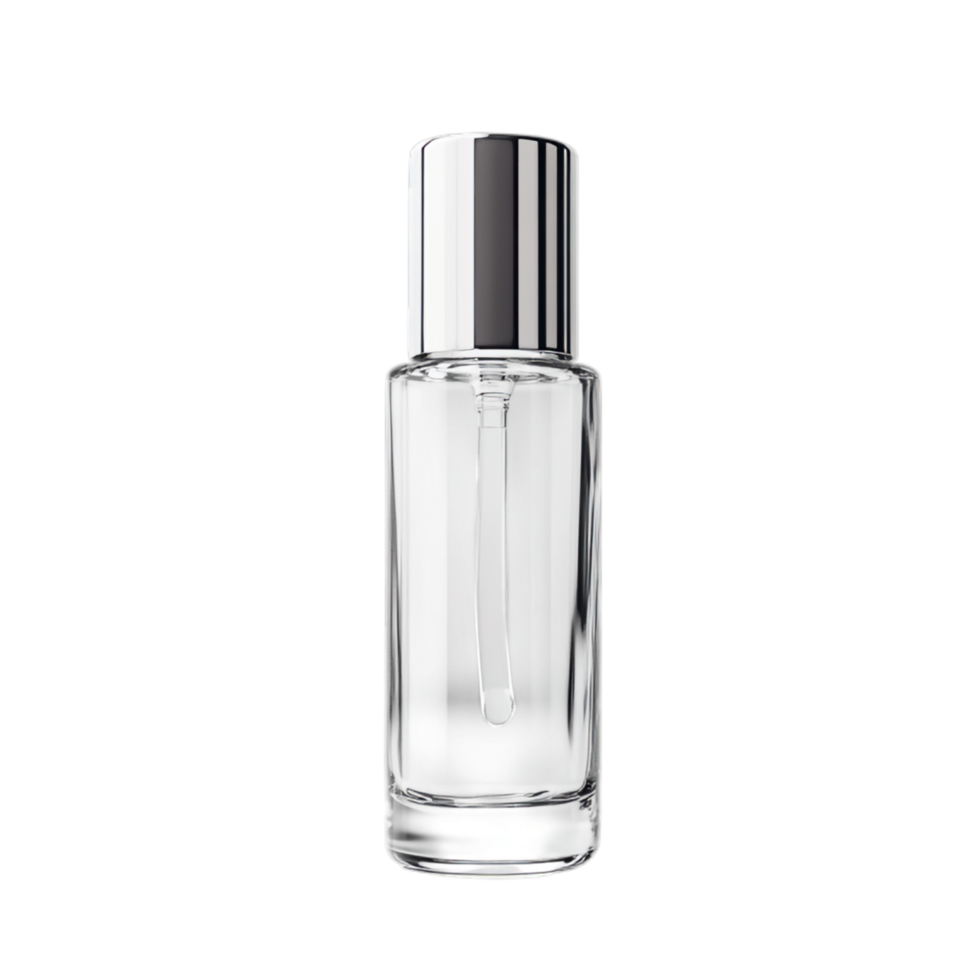 PNG Elegant Glass Bottle with Silver Cap, Premium Cosmetic Product Mockup Against Transparent Background for Skincare Advertising, Beauty Branding, or Luxury Campaigns