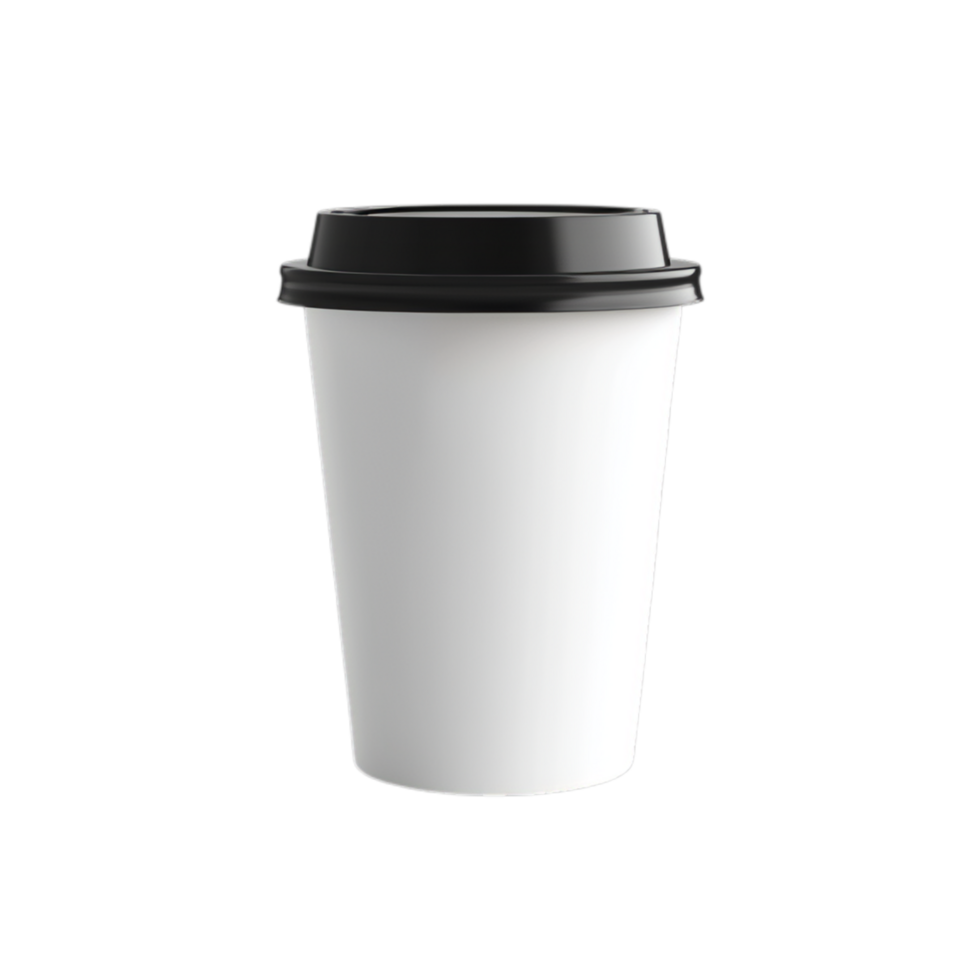 PNG Blank White Coffee Cup with Black Lid Mockup Against Transparent Background for Beverage Branding or Packaging Design