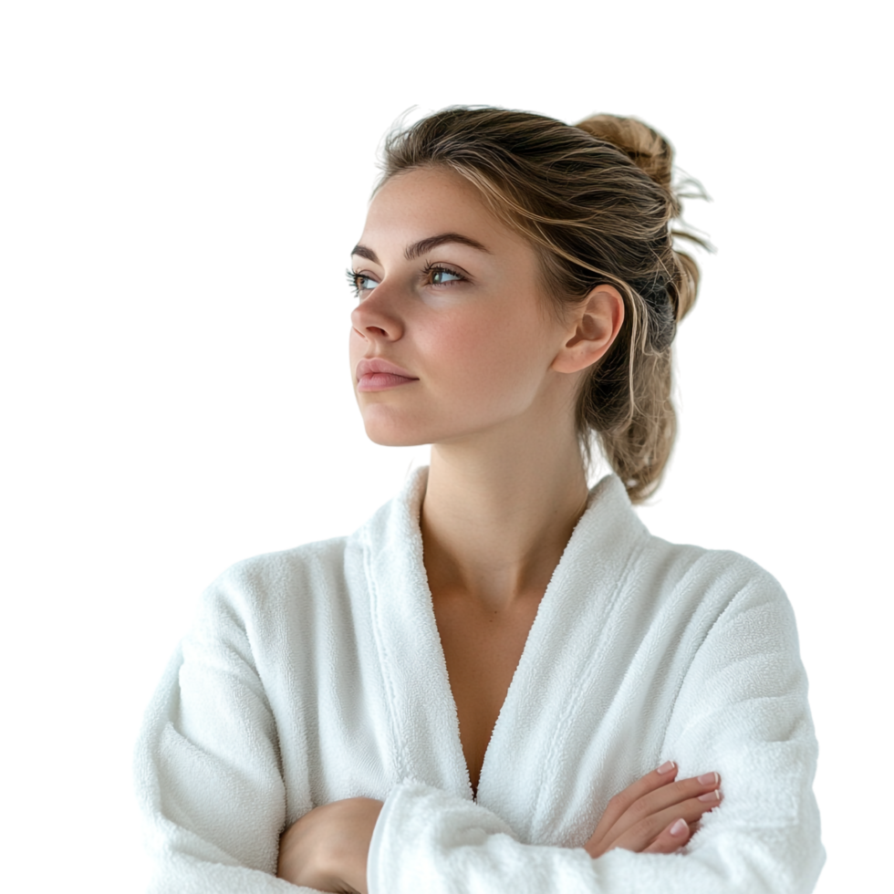 A woman in a robe quietly reflecting, lost in thought png