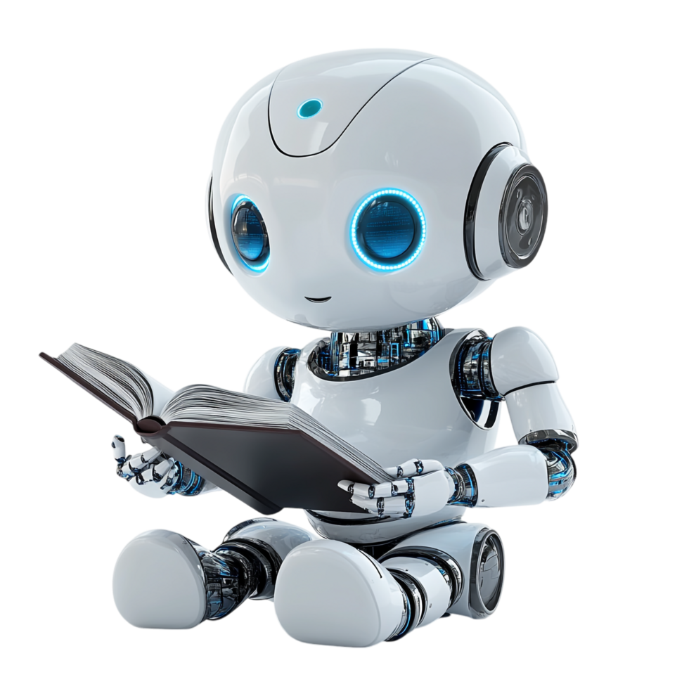 Cute AI Robot Chatbot Reading a Book on transparent background png