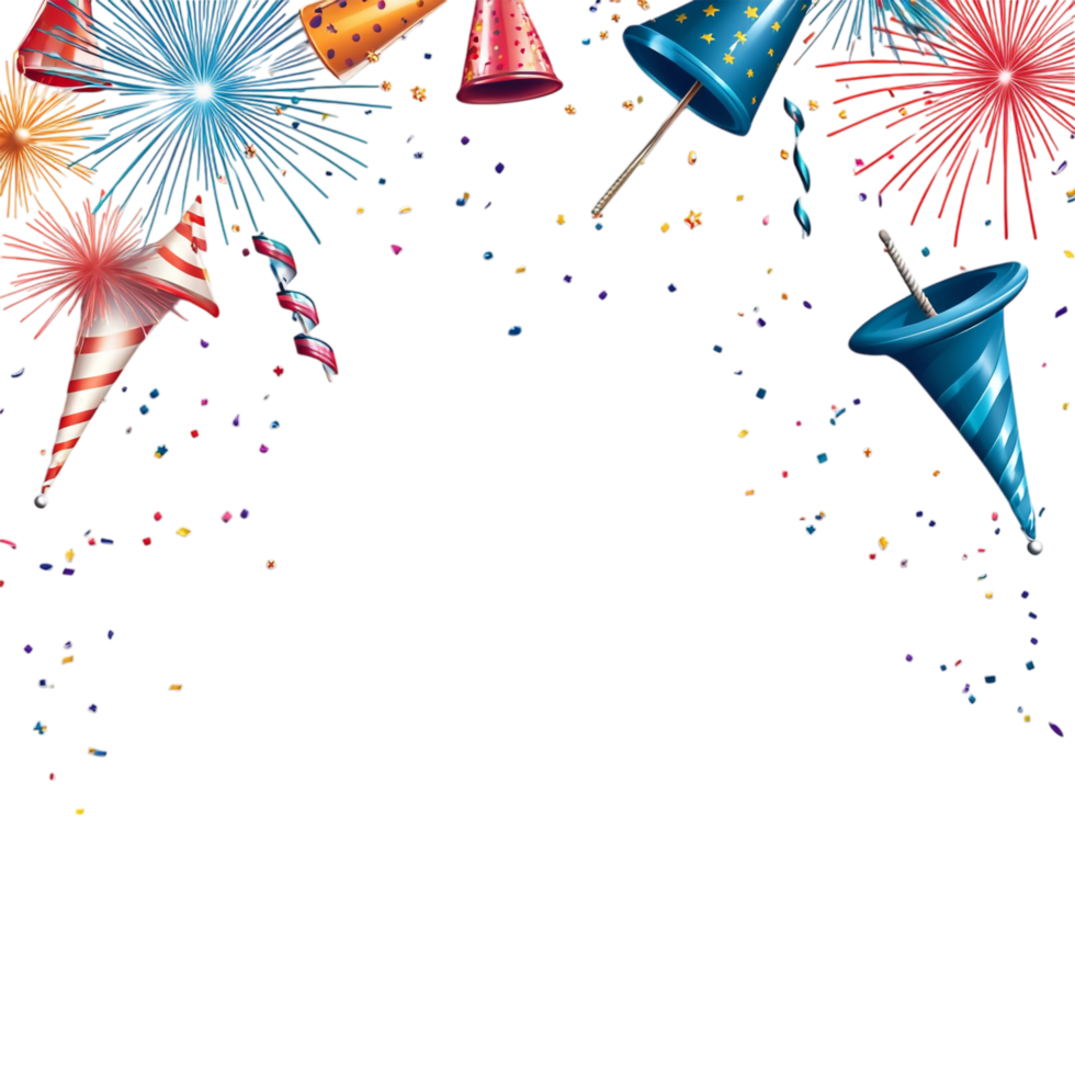 Card template with fireworks and party horns png
