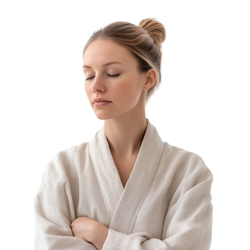 A woman in a robe quietly reflecting, lost in thought png