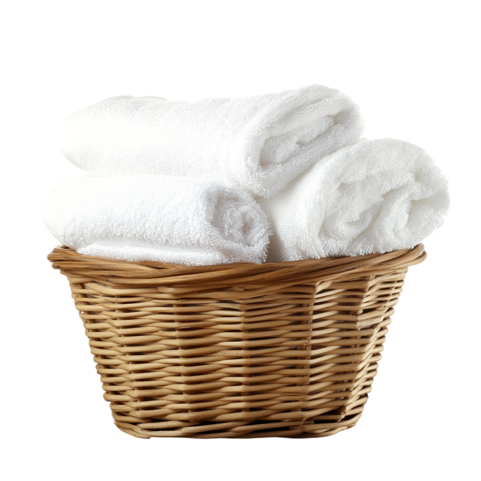 Basket of clean towels on a wooden table isolated against a transparent background png