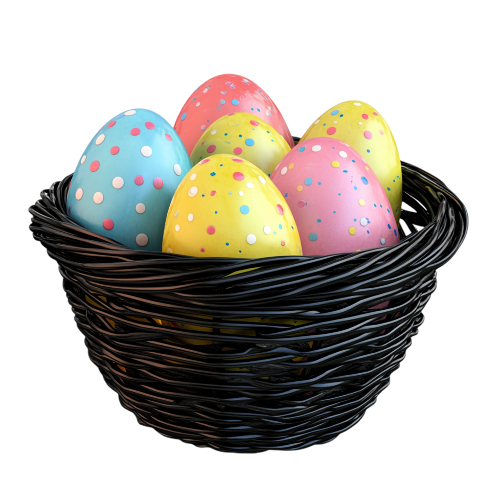 et of Easter eggs in a black basket on a transparent background png