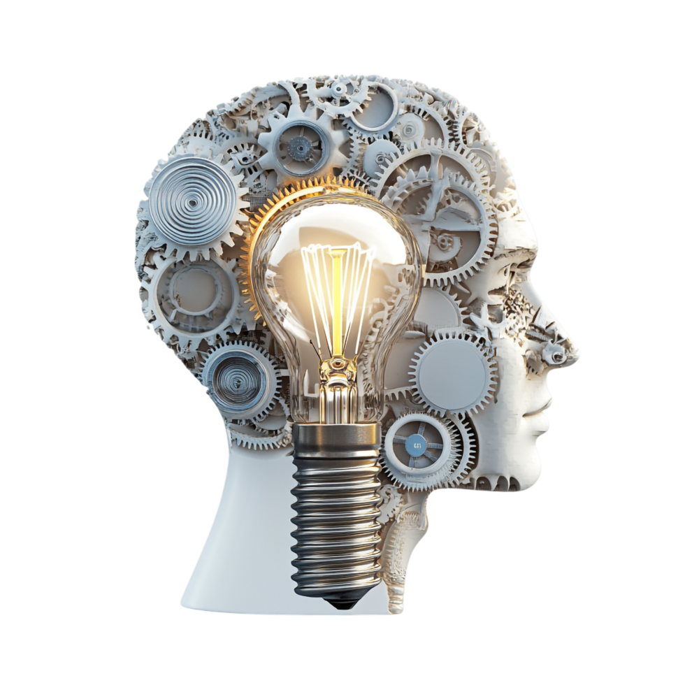 image of a technology head with a brain light bulb and artificial elements png