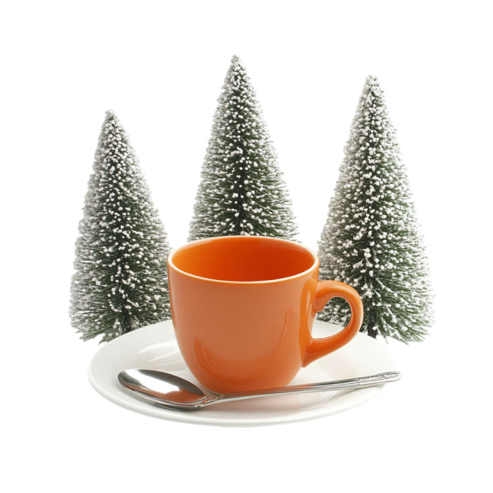 A small Christmas tree an orange cup, and a white saucer png