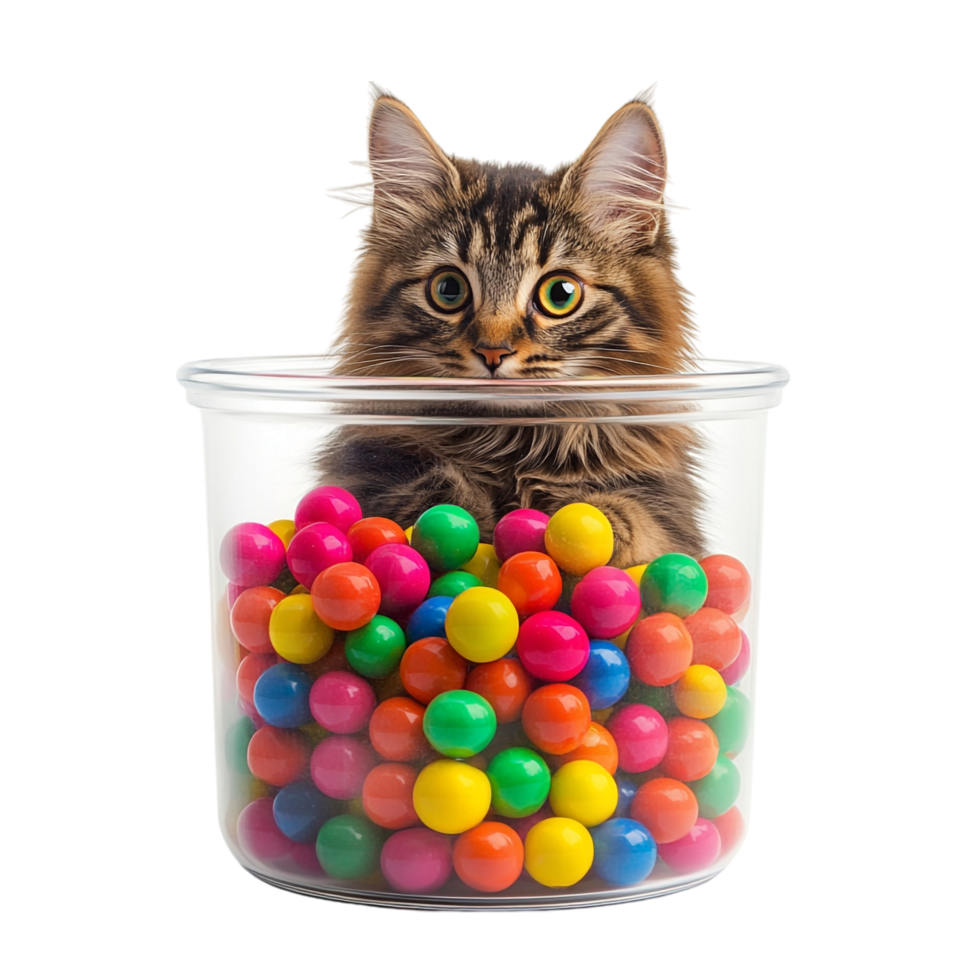 Cat in colorful balls in a large container png